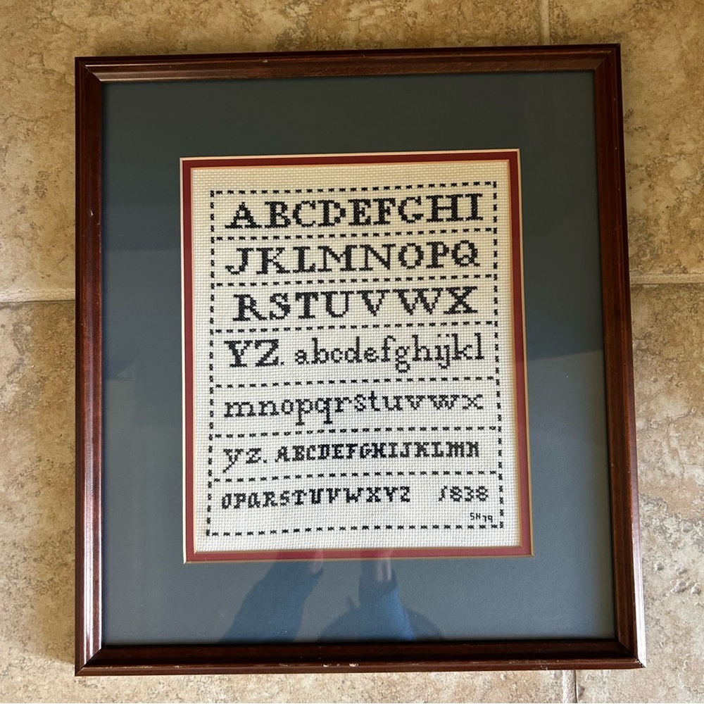Vintage Needlepoint Cross Stitch Framed Alphabet Numbers Sampler Framed Matted